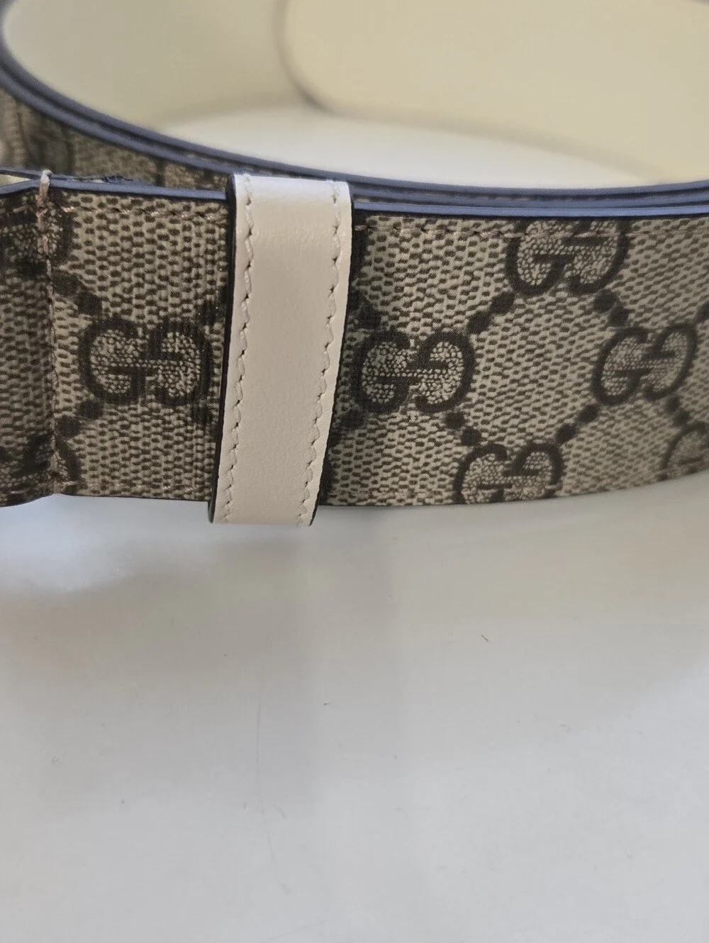 Gucci Beige GG Monogram Canvas Belt with White Double G Buckle